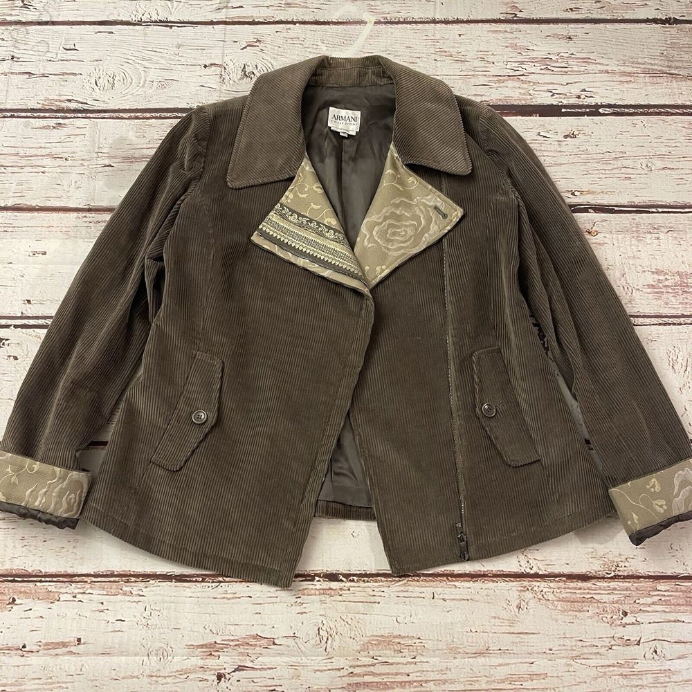 Armani Collezioni Light Brown Corduroy Moto Zip Jacket Size 8 Pockets - Picture 1 of 13